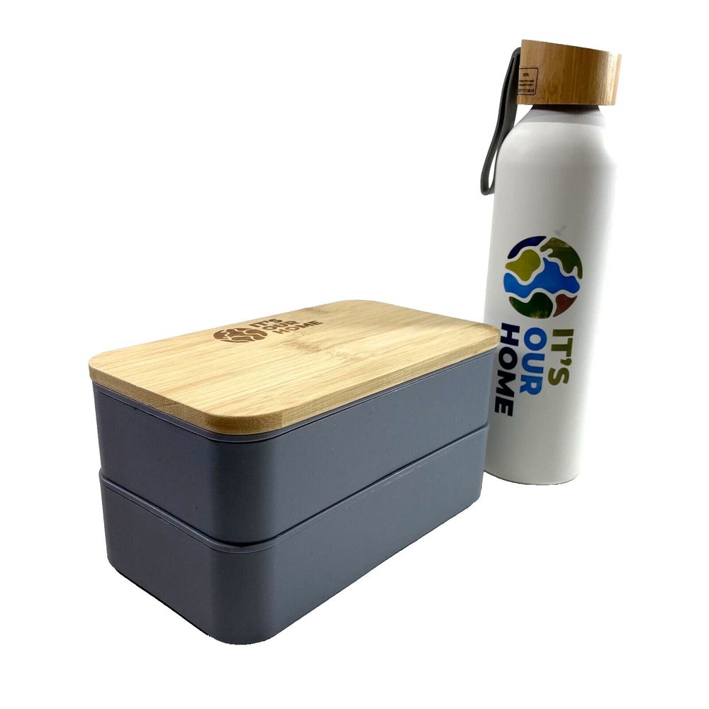 FSC "IT'S OUR HOME" Stackable Lunch Bento Box w/Utensils & Water Bottle Reusable